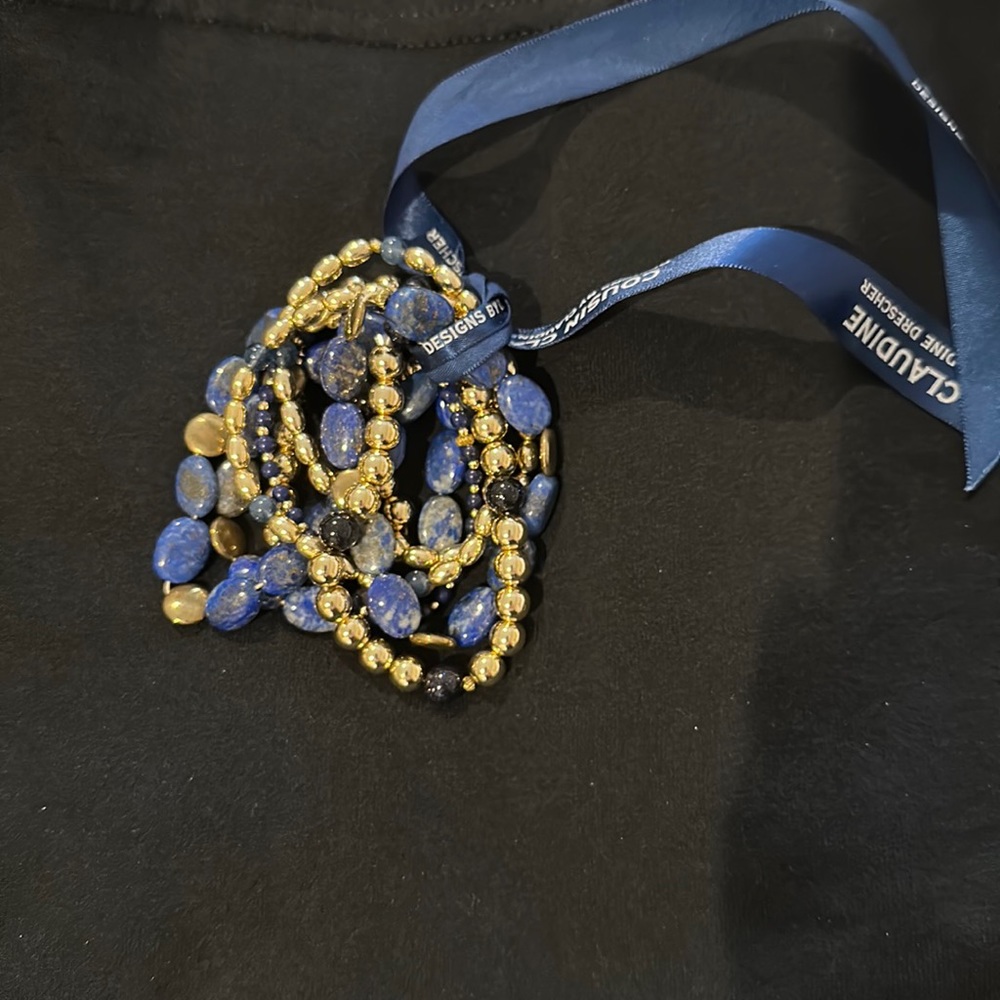 COPY - Cousin Claudine blue and gold beaded bracelet set.  8 pieces.